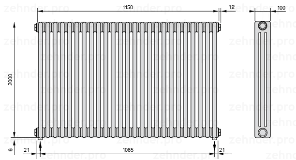 Схема (чертеж) Радиатор Zehnder Charleston 3200/25 №5310 Белый глянцевый RAL 9016